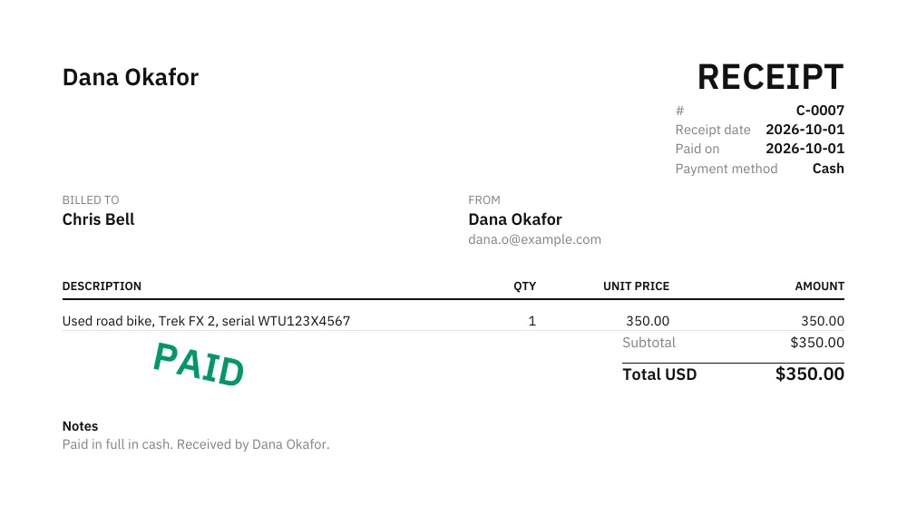 Sample cash receipt PDF: Dana Okafor received $350.00 in cash from Chris Bell for a used road bike, marked PAID