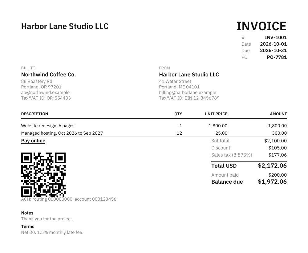 Sample invoice PDF made with invoicepdf.app: Harbor Lane Studio LLC billing Northwind Coffee Co., invoice INV-1001, total $2,172.06, balance due $1,972.06