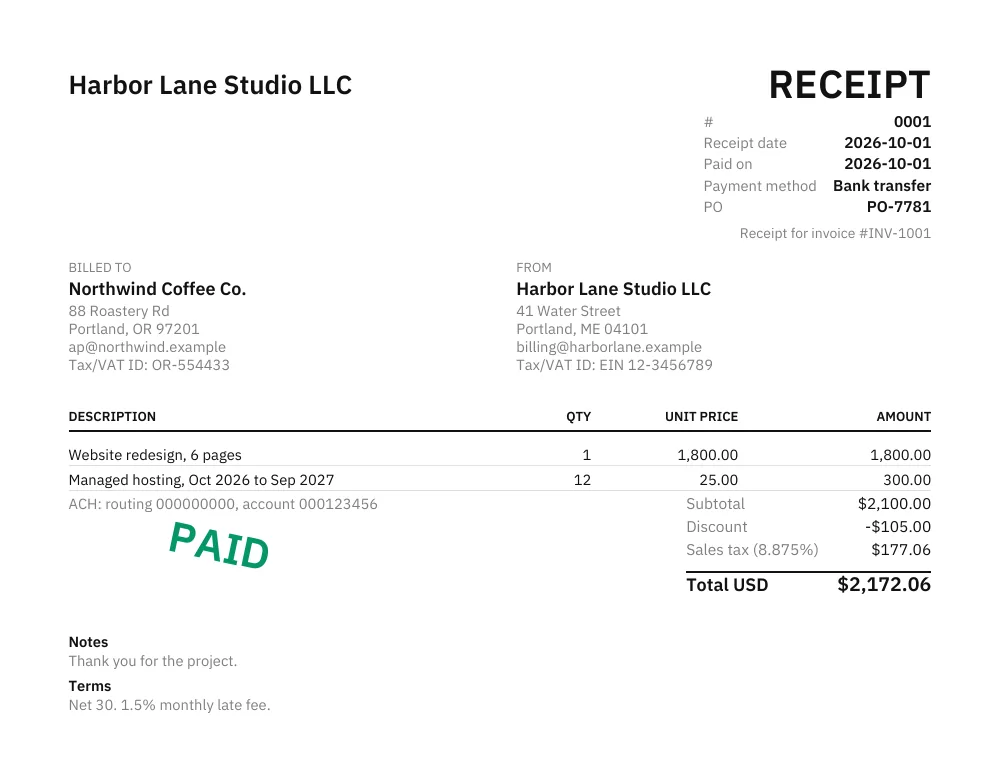 Sample receipt PDF converted from invoice INV-1001: same client and line items, total $2,172.06, payment method bank transfer, marked PAID