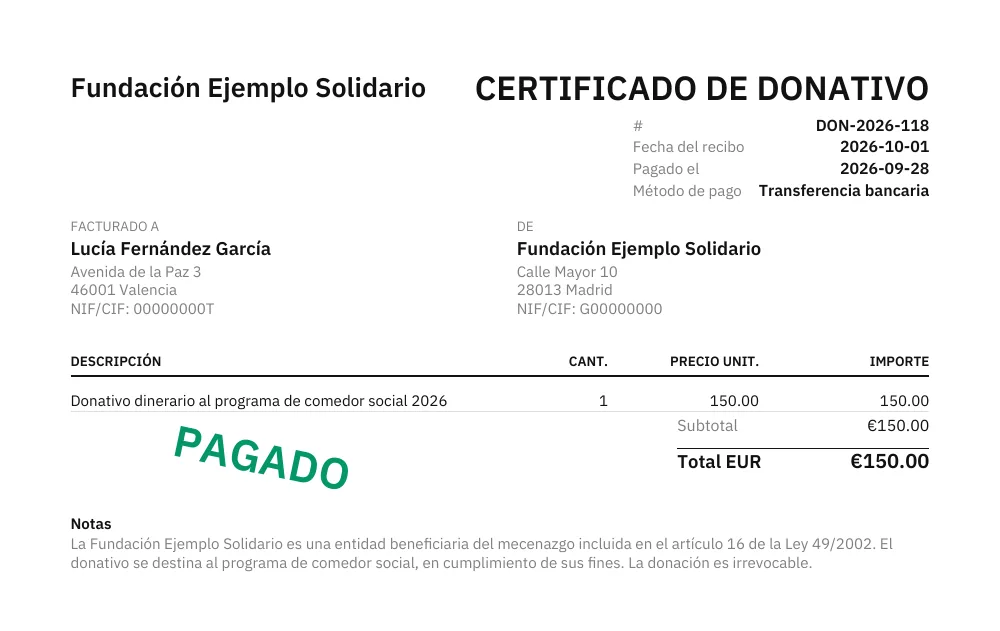 Ejemplo de certificado de donativo en PDF: Fundación Ejemplo Solidario certifica un donativo de 150,00 € de Lucía Fernández García, con NIF de ambas partes y mención de irrevocabilidad