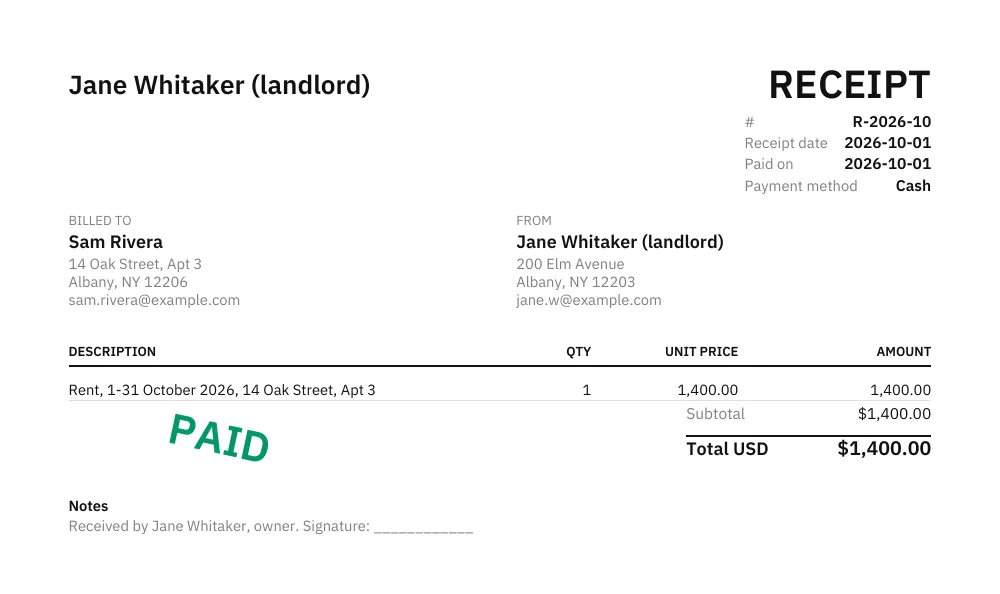 Sample rent receipt PDF: landlord Jane Whitaker, tenant Sam Rivera, rent for 1-31 October 2026 at 14 Oak Street Apt 3, $1,400.00 paid in cash, marked PAID